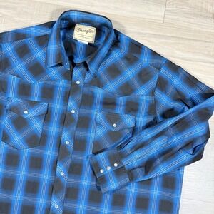 Wrangler Western Pearl Snap Cowboy‎ Shirt Blue Black Plaid Mens SIze 2XL
